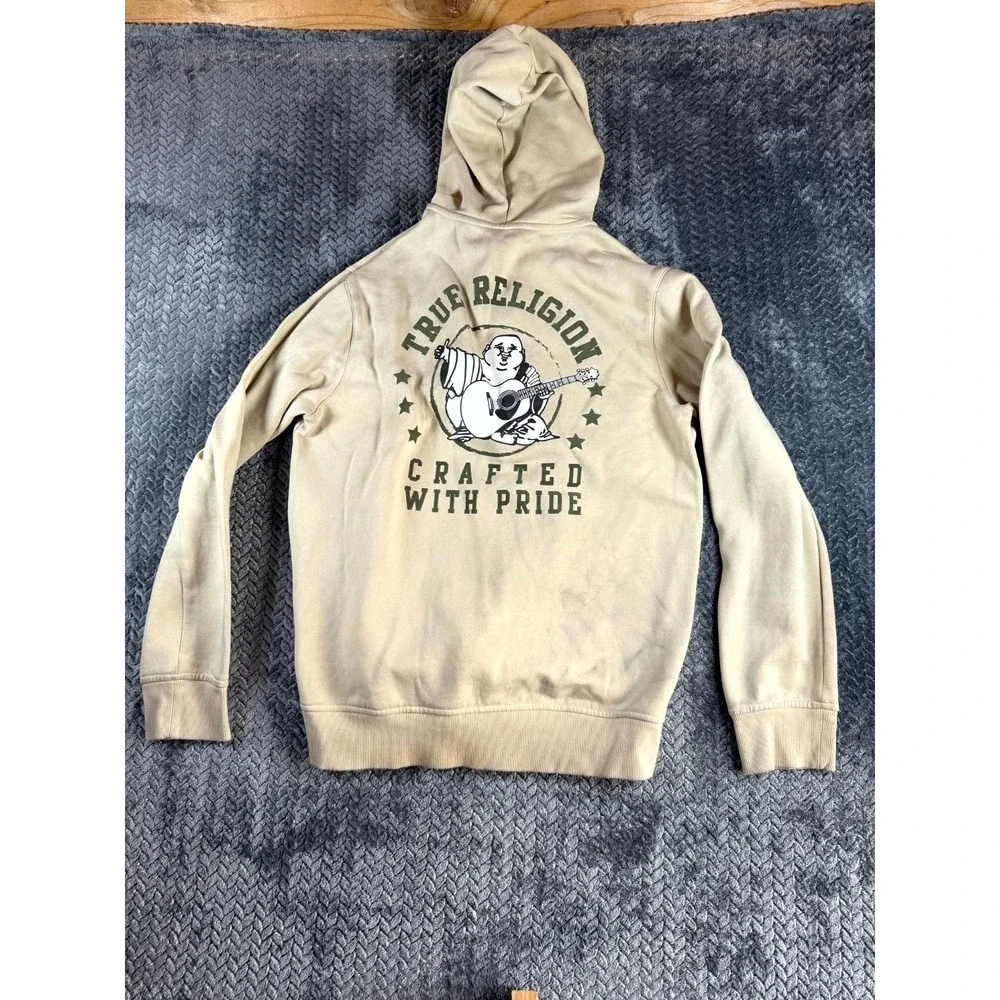 True Religion Buddha‎ Hoodie Mens L Beige Streetwear Graphic on Back Sweatshirt